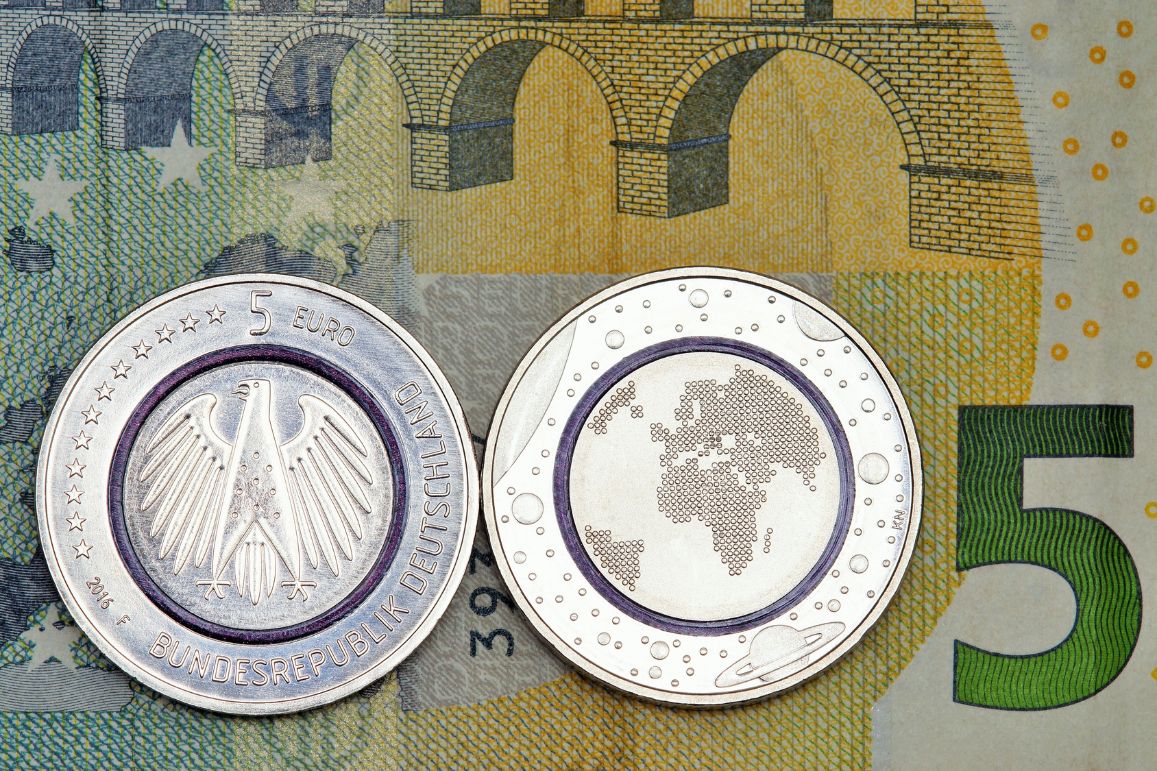 First German five euro coin with blue polymer ring
